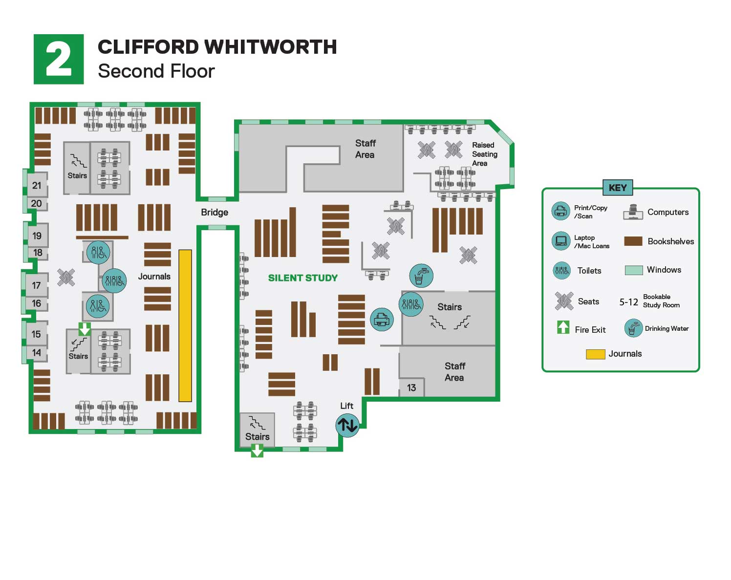 Map of the second floor of the Clifford Whitworth Library
