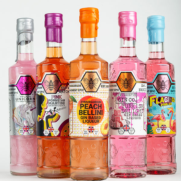 Five bottles of gin designed by Salford Studio for Zymurgorium
